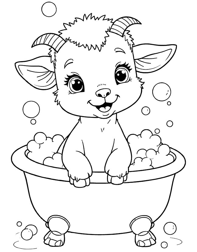 Baby goat bathing in a tub coloring page